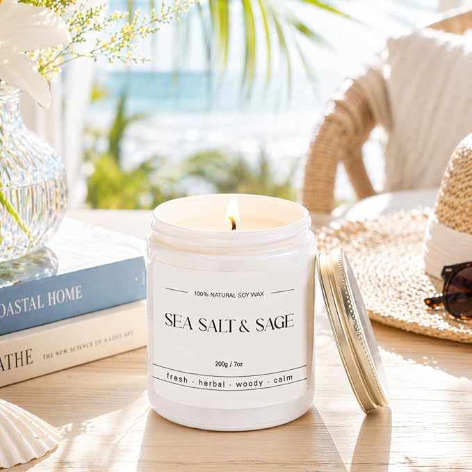 Sea Salt & Sage Candle - Summer Scented Soy Candles for Home - Coastal Decor for Beach Lovers, 7oz Soy Wax, 40 Hour Burn Time, Beach, Living Room, Bathroom