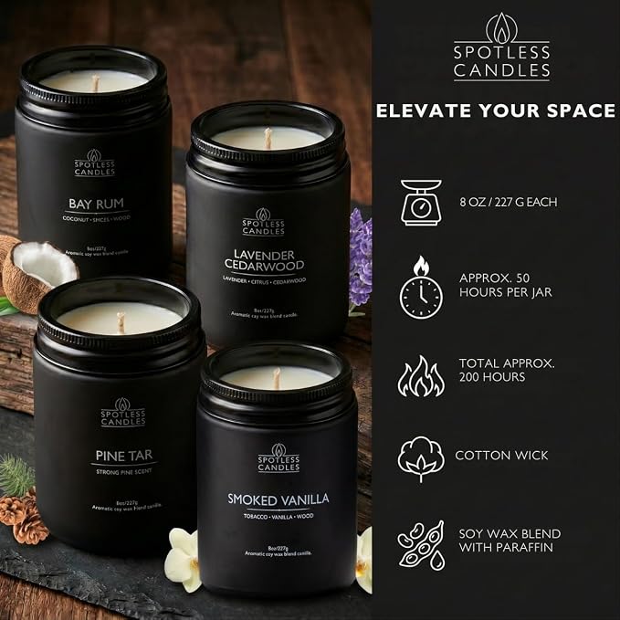 Men's Candle Gift Set; 4 x 8oz Scented Candles; Bay Rum, Pine Tar, Smoked Vanilla, Lavender Cedarwood; 200 Hours Burn Time; Matte Black Glass Jars; Premium Black Gift Box by Spotless Candles