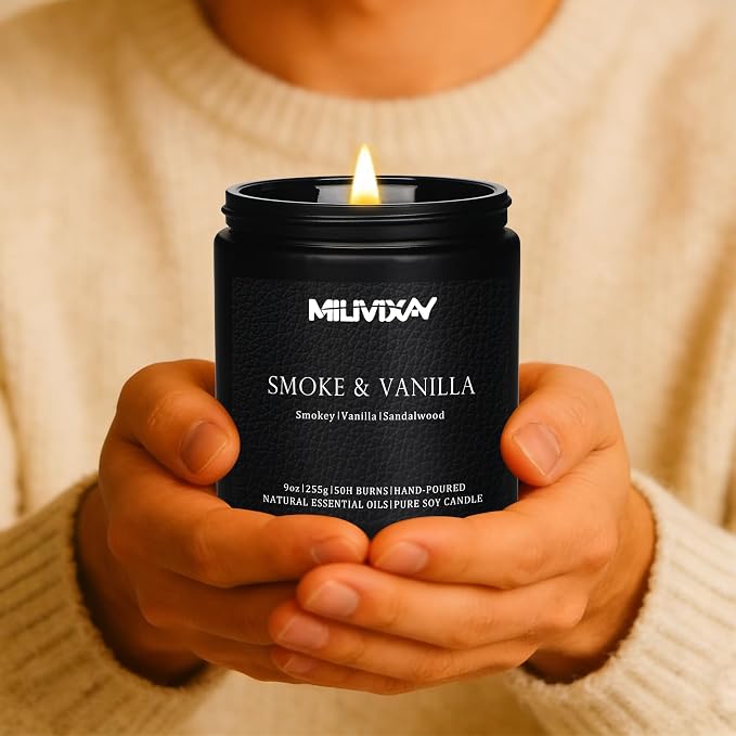 MILIVIXAY Candle for Men Smoke & Vanilla Scented Classic 9oz Jar Single Wick Candle, Soy Wax Candles for Consistent Burn, Over 50 Hours of Burn Time, Ideal for Creating Relaxing & Holiday Gifting.