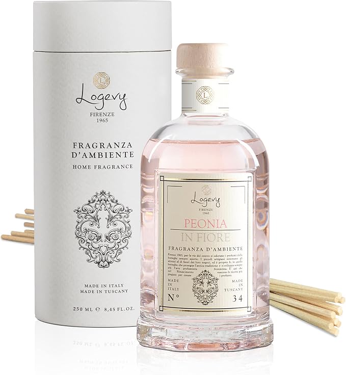 Logevy Firenze 1965 Peonia in Fiore – Peony in Bloom Luxury Home Fragrance Diffuser from Master Perfumer in Italy with Sweet Floral Notes in Elegant Glass Bottle with 10 Natural Bamboo Reeds – 250ml