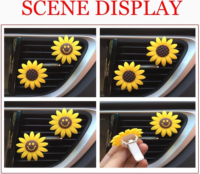 Sunflower Vent Clip Car Air Freshener, 2PCS Car Diffuser Air Conditioner Outlet Charms, Auto Air Vent Perfume Holder Cute Decoration, Automotive Trim Fragrance Gift Accessories for Women Girls