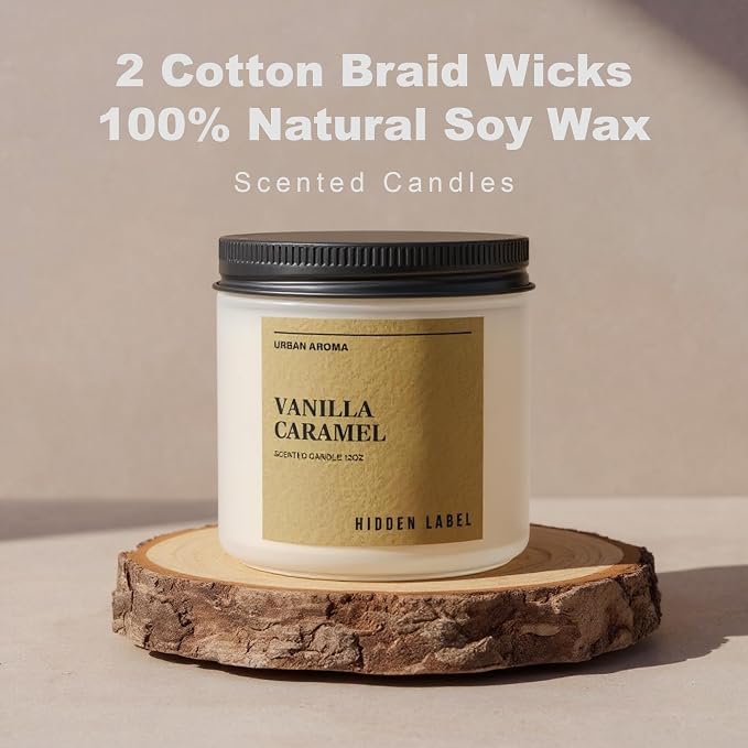 Hidden Label Vanilla Caramel Soy Candle, 12oz 2-Wick, 70H Gourmand Sweet | Non-Toxic Vegan Soy Wax | Vanilla Caramel Bakery Gourmand | Even Melt No Tunneling | Kitchen Living Room Cozy Gift