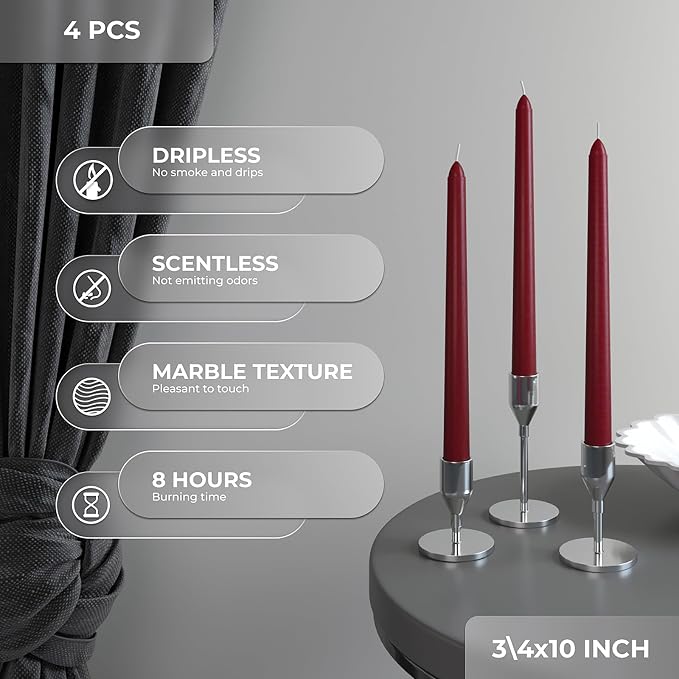 CANDWAX Burgundy 10 inch Taper Candles Pack of 4 - Unscented Dripless Burgundy Candlesticks - Perfect as Christmas Decorations and Home Decor for Dinner Table Centerpieces - Christmas Taper Candles