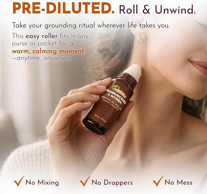 Frankincense & Myrrh Essential Oil Roll-On, 30 mL (1 fl oz) – Pre-Diluted Aromatherapy Rollerball in Fractionated Coconut Oil (FCO) – Alcohol-Free Pulse Point Oil Roller