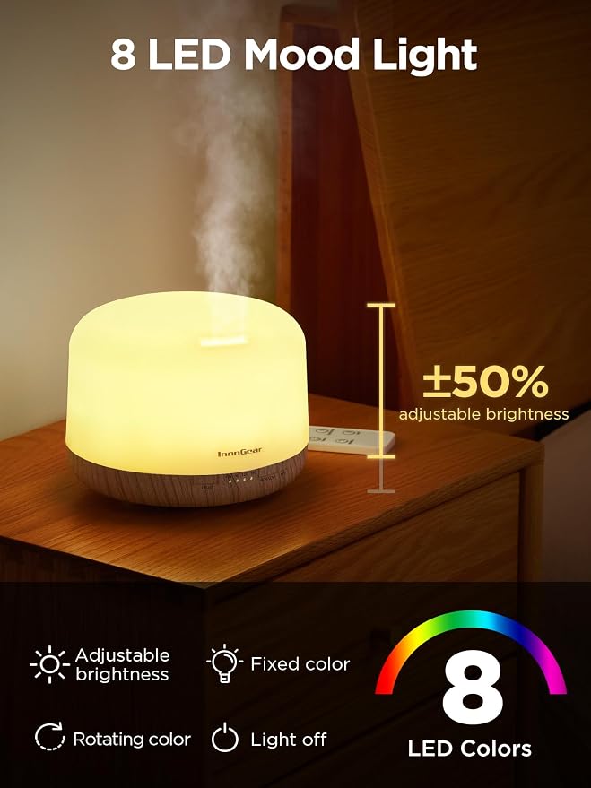 InnoGear 500ml Essential Oil Diffuser with Remote Control, Premium Ultrasonic Aromatherapy Diffusers Mother's Gift Scent Humidifier Vaporizer Auto-Off Timer for Large Room Home, White
