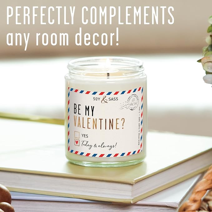 Valentines Day Gifts for Her, Valentine Candles, Valentines Gift for Girlfriend -Be My Valentine Candle, w/Eucalyptus, Clary Sage & Geranium I Valentines Gifts for Wife I 9oz, 50Hr Burn, USA Made
