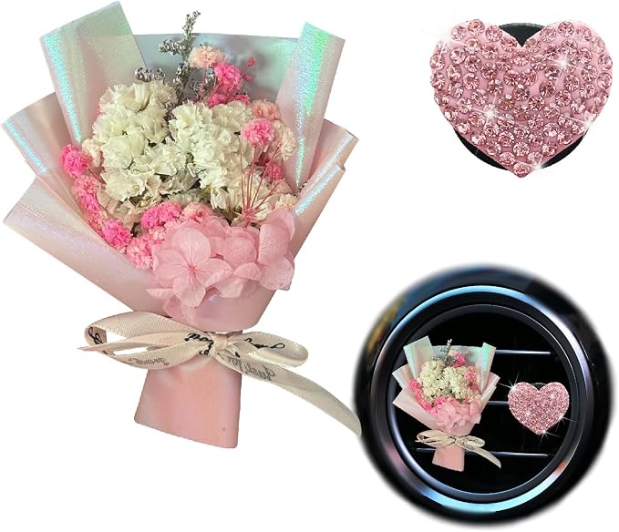 Mini Dried Flowers + Heart Car Vent Clips-Decorative Air Outlet Bouquets with Floral Scent,Fragrance Diffusers for Vehicle Interior Decor,Automotive Air Freshener Decorations (Pink, Random fragrance)