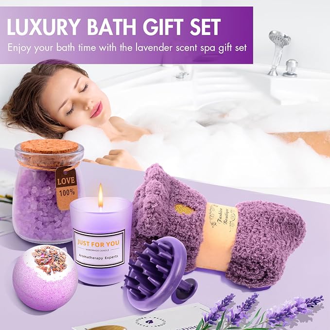 12 Piece Spa Gifts Set for Women, Self Care Gift Basket for Mom Wife Her, Relaxing Gifts with Eye Mask, Water Bottle, Bath Bombs, Aromatherapy for Valentines Day, Birthday, Christmas (Lavender)