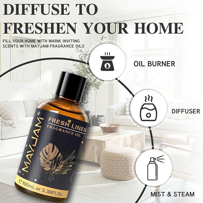 MAYJAM 100ML/3.38FL.OZ Fresh Linen Fragrance Oils with Glass Dropper, Essential Oils for Diffusers for Home, Long Lasting Scented Oils for Diffusers Soap Candle Making
