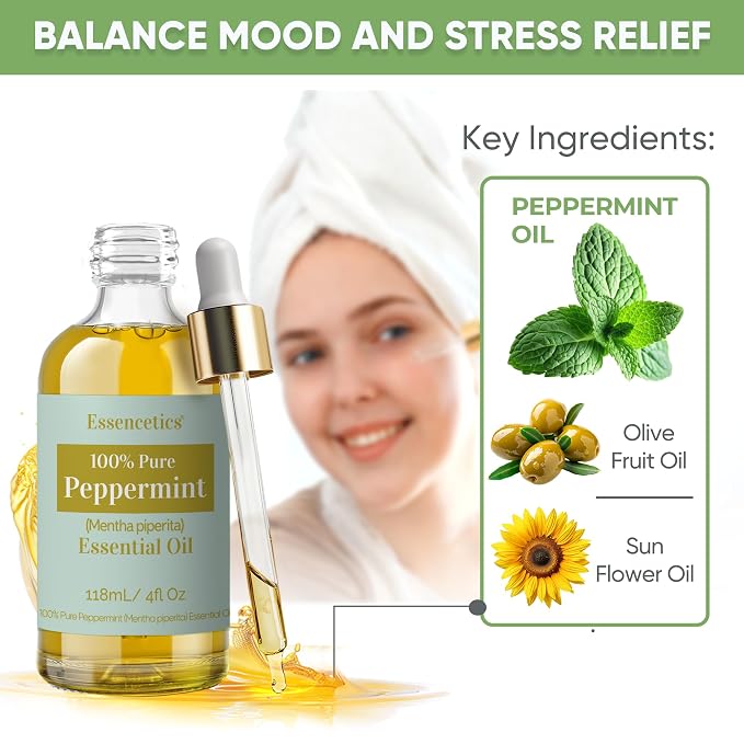 Peppermint Essential Oil 4 oz - 100% Natural- Infused with Olive & Sunflower Oils - Organic Peppermint Oil for Diffuser, Skin, Face & Hair Care