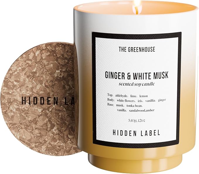 HIDDEN LABEL Ginger White Musk Scented Candle, 12oz Natural Soy Wax Cotton Wick, 75 Hour Long Lasting Burn, Aromatherapy for Home Stress Relief, Meditation, Yoga, Non-Toxic Relaxation Gift for Women