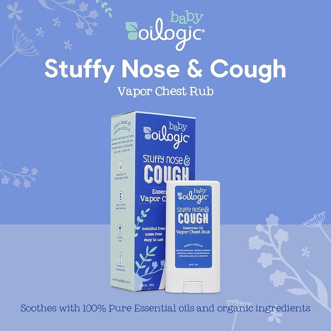 Oilogic Stuffy Nose & Cough Chest Vapor Rub Essential Oil for Babies & Toddlers - Gentle Baby Essentials Soothe Cough & Stuffy Noses - Pediatrician-Tested & Safe for Babies, .42 Oz