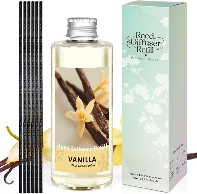 STRN Reed Diffuser Oil Refill, Vanilla Scented Diffuser Oil Refills with 6 Reed Sticks 200ML(6.8fl.oz), Room Fresheners for Home, Long-Lasting Summer Fragrance for Living Room, Bedroom, Office