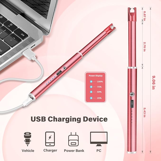 Electric Candle Lighter Windproof USB Rechargeable Flameless Long Neck Lighter for Candles Gas Stove Fireplace BBQ Kitchen Grills (Rose Pink)