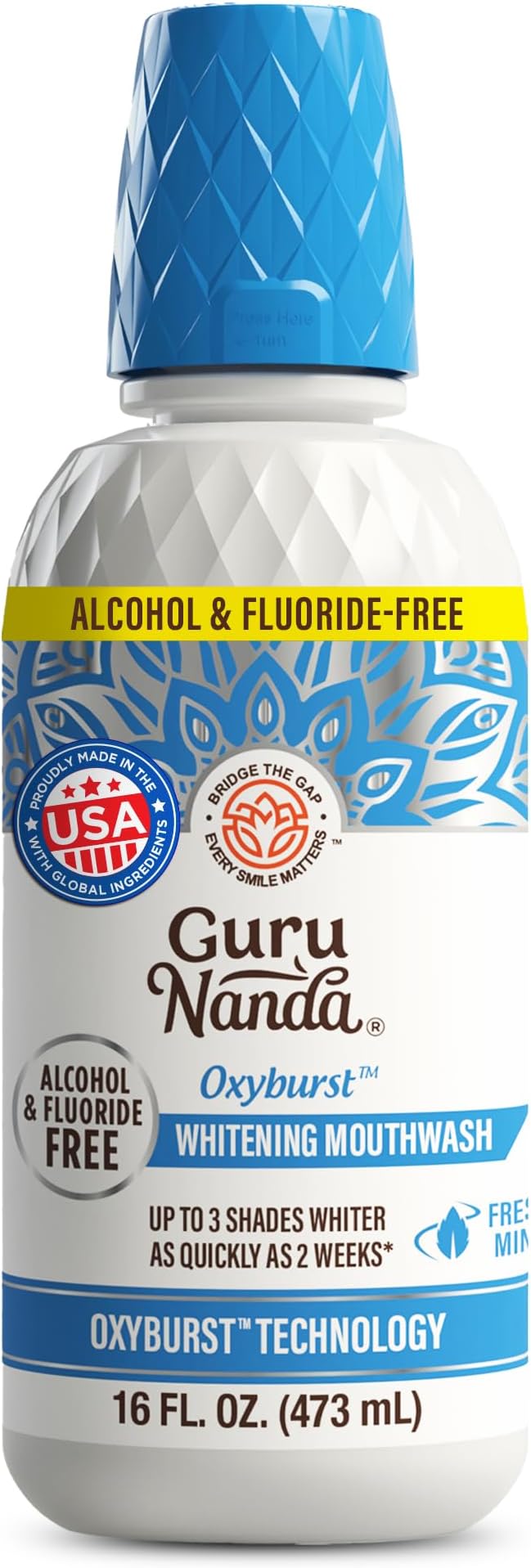 GuruNanda Whitening Mouthwash – Up to 3 Shades Whiter Teeth in 2 Weeks – Alcohol & Fluoride Free with Hydrogen Peroxide – Oxyburst Technology - Wild Mint, 16 oz