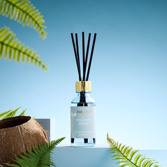 Airkeep Reed Diffuser Set, 3.38 fl oz (100 ml) - Coconut Beach Oil Diffusers with 8 Reed Sticks, Home Fragrance Reed Diffuser for Bathroom Shelf Decor