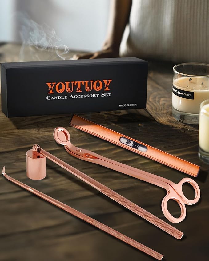 YOUTUOY 4 in1 Candle Accessory Set with Rechargeable Candle Lighter, Candle Wick Trimmer, Candle Wick Snuffer, Candle Wick Dipper, Candle Care Kit (Rose Gold)