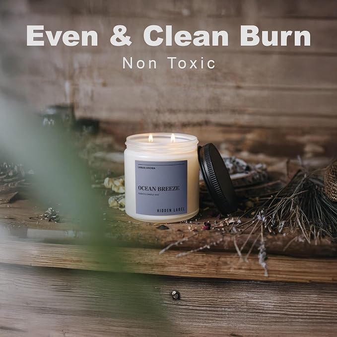 Hidden Label Ocean Breeze Soy Candle, 12oz 2-Wick, Coastal Fresh | Non-Toxic Natural Wax, Paraben & Phthalate-Free, Clean Burn | Elegant Decor & Gift-Ready | Stress Relief & Mental Clarity