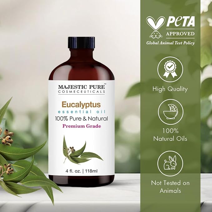 Majestic Pure Essential Oil with Glass Dropper - 100% Pure and Natural - Essential Oils for Diffuser, Aromatherapy, Soap and Candle Making, Eucalyptus Essential Oil, Eucalyptus Oil, 4 Fl Oz Pack of 2