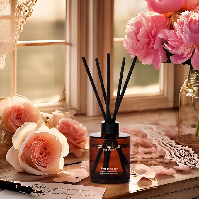 Flora D'Amour Scent Reed Diffuser Oil for Home – Long Lasting Diffusers for Home with Rose, Peony, Magnolia & Peach – Premium Aroma Fragrance for Room, Bedroom & Bathroom – 150ml