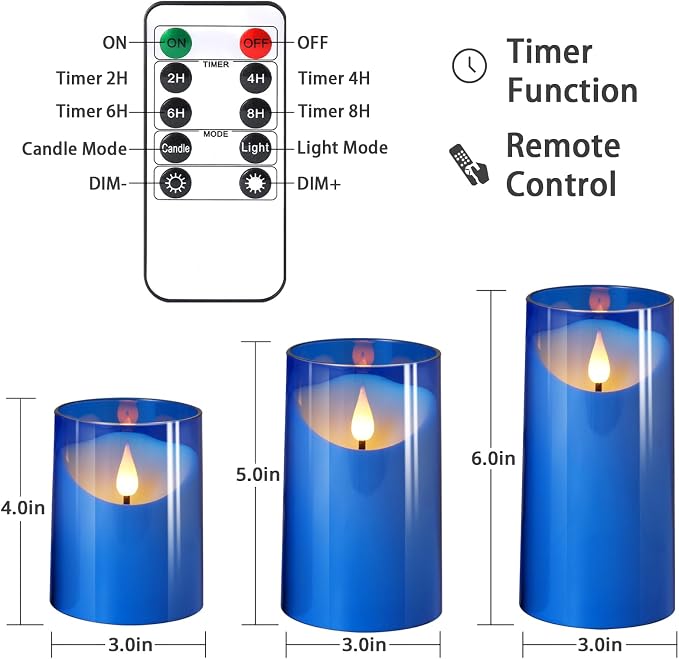 NURADA Flickering Flameless Candles: LED Pillar Candles with Imitation Glass - Acrylic Battery Candles with Remote and Timer for Wedding Party Valentine's Day Decor, Pack of 3 Blue