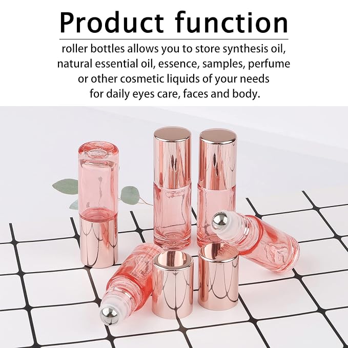10Pcs 5ml Glass Roller Bottles for Essential Oils, 1/6 oz Refillable Roll on Vials with Funnels, Small Containers with Stainless Steel Ball for Perfumes Aromatherapy Liquid, Rose Gold
