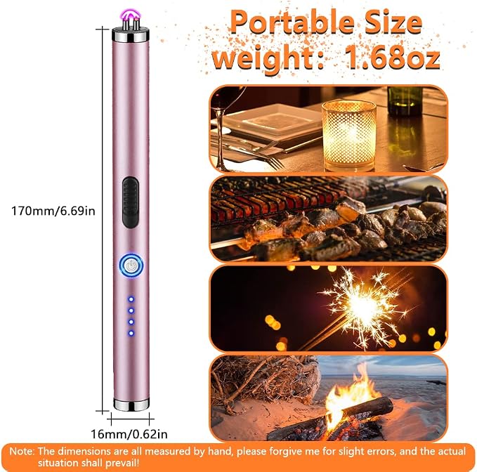 Elecrtic Lighter Rechargeable for Candle, Dual Arc Plasma Lighter with LED Battery Indicator, Windproof Flameless Lighter for Camping, BBQs, Fireworks, Kitchen Lighter Gift for Mother (Pink)