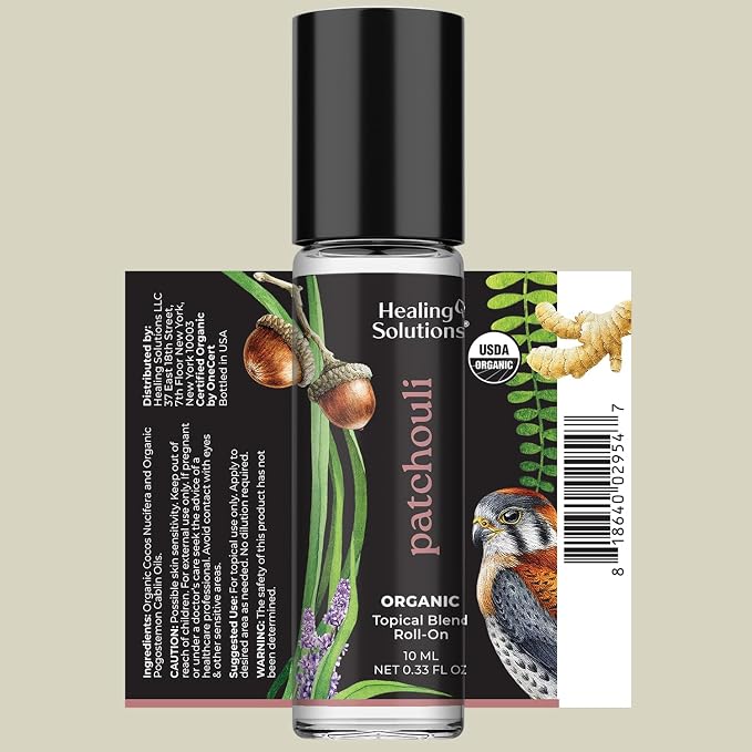Healing Solutions (2 Pack) USDA Certified Organic Patchouli Essential Oil Roll On Set, Patchouli Body & Skin Roller Perfume for Adults