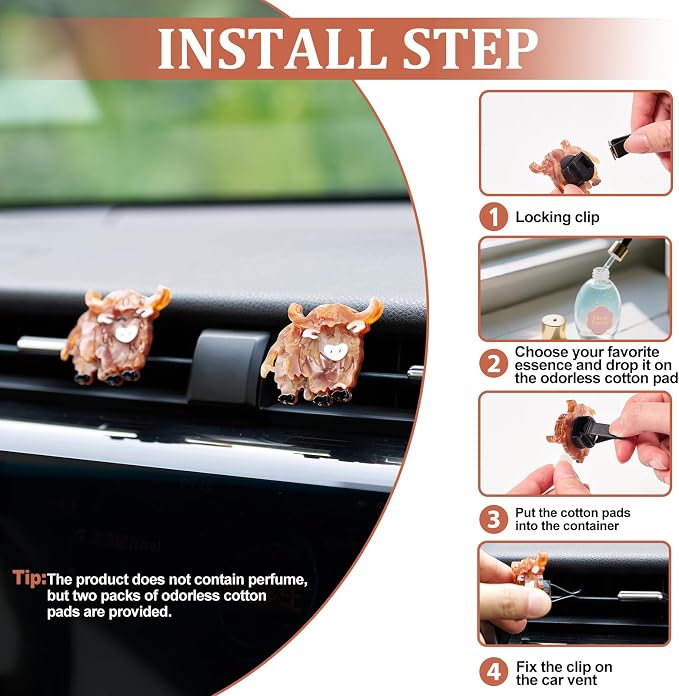 Rislobx Cute Highland Cow Air Freshener Vent Clip, 2PCS Car Vent Clips Decor, Air Diffuser Clips, Highland Cow Car Interior Decor Accessories