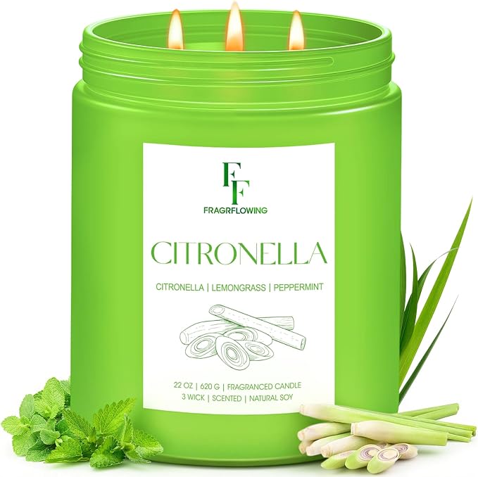 Citronella Large Scented Candle Outdoor Indoor, 3-Wick 22oz Long Lasting Scented Candle, Natural Soy Wax Aromatherapy Candle for Backyard Patio Garden Camping