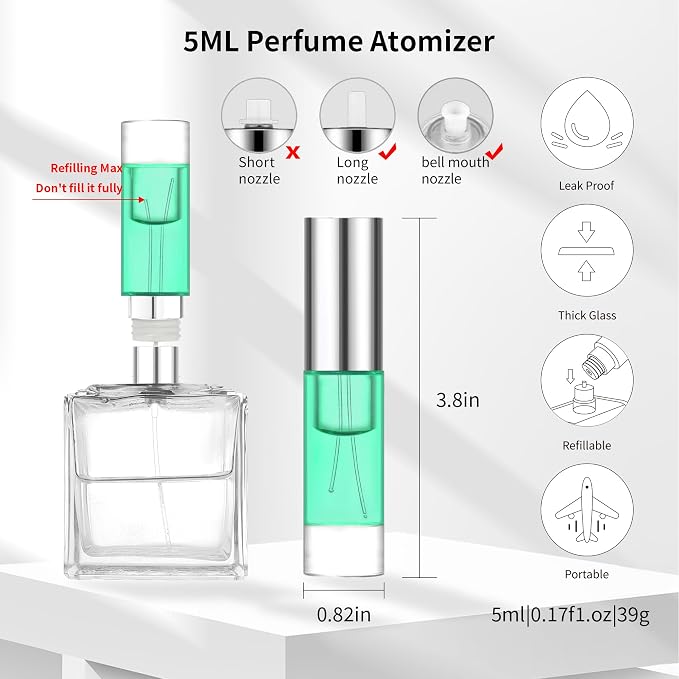MUB Perfume Travel Refillable Atomizer Bottle 5ml Glass Overmolding Unique Top-Filling Leak-Proof Spray Bottle Atomizer Sprayer for Perfume Cologne Mini Travel Size Empty Pocket Portable - green