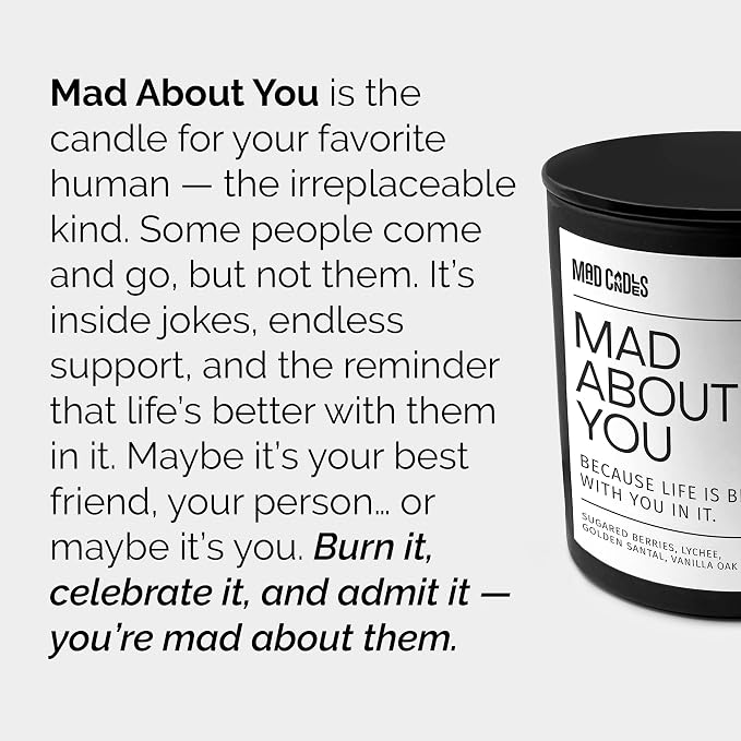 – Mad About You | Luxury Scented Candle for Bedroom & Living Room Décor | 9.5oz Coconut Soy Wax | Non Toxic | Long Burn Candle Jar for Home Fragrance & Valentine's Day Gift