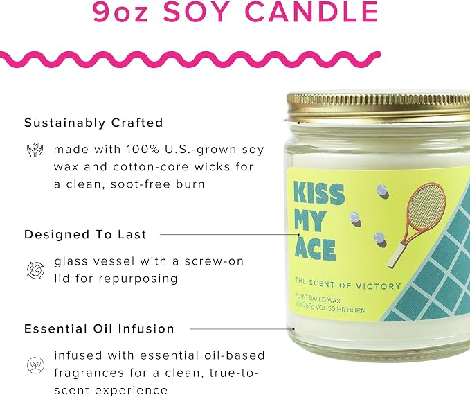 Kiss My Ace Soy Wax Candle – Grapefruit, Yuzu & Rhubarb – Tennis Gift Candle, 9 oz Clean Burn