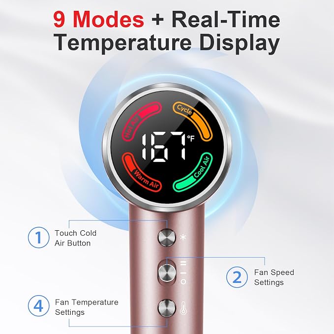 FAMOO Hair Dryer, 160,000 RPM High-Speed Ionic Blow Dryer with Diffuser and Concentrator Nozzle, 500 Million Negative Ions,Fast Drying, LED Display,Light and Quiet,For All Hair Types,For Home & Travel