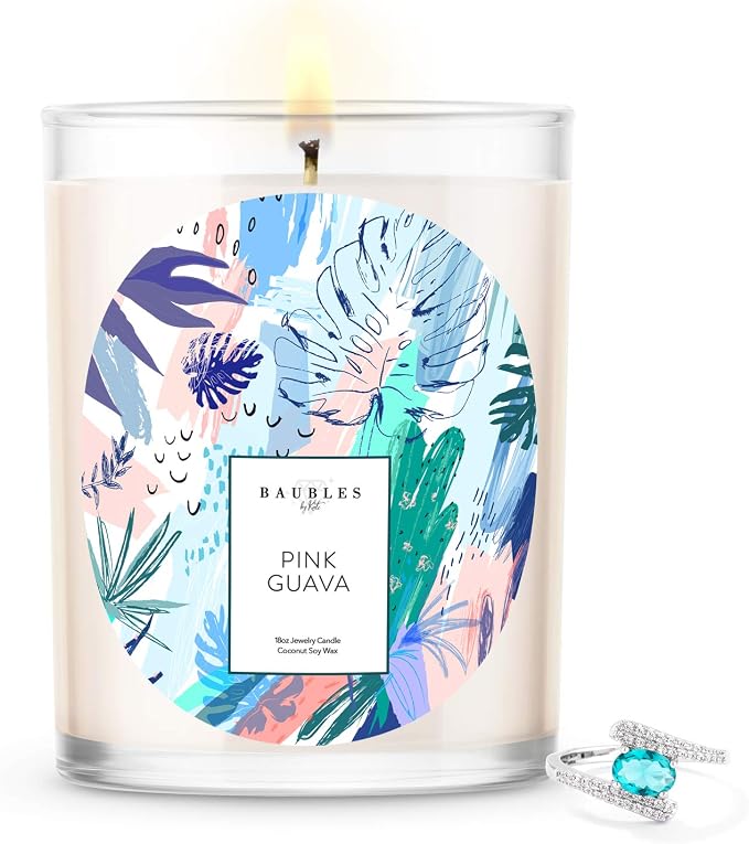 Kate Bissett Baubles Pink Guava Scented Premium Candle and Jewelry with Surprise Ring Inside | 18 oz Large Candle | Made in USA | Parrafin Free | Size 07