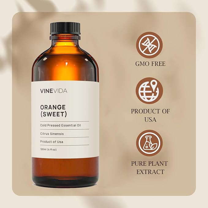 VINEVIDA Orange Sweet Essential Oil - Undiluted Orange Oil - DIY Candle Scents - Bulk Essential Oil for Soap Making - Safe for Skin (4oz)
