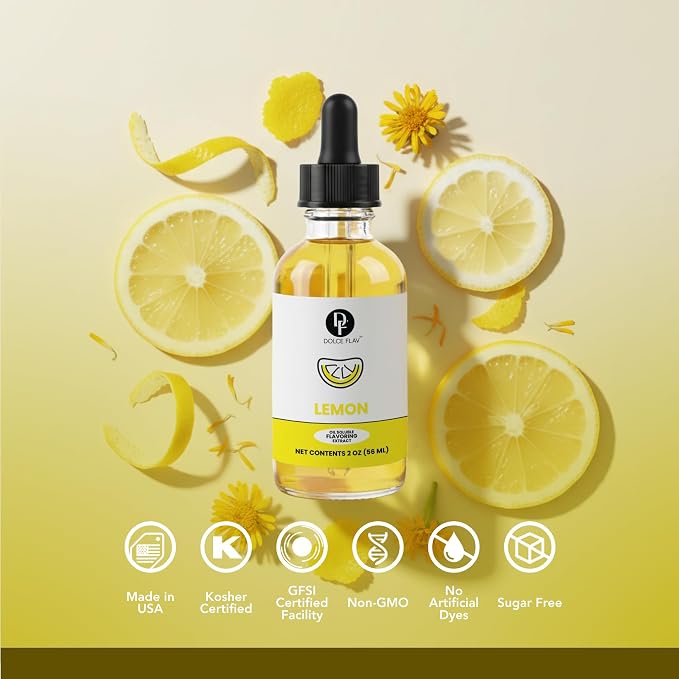 Lemon Flavor Concentrate for Food & Cosmetics – 2 Oz. Multipurpose Lemon Flavouring Oil for Lip Gloss, Pastries, & Candies in Glass Bottle – Confection & Candy Flavoring Oils by Dolce Foglia (Keto)