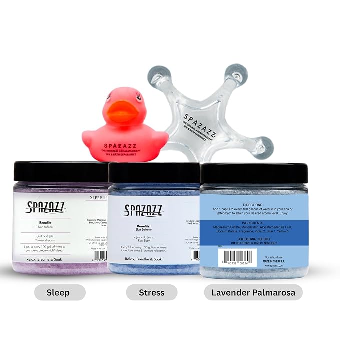 Spazazz Hot Tub Aromatherapy Spa Gift Set – Three 4 Oz Bath Salts in Sleep, Stress and Lavender Palmarosa with Tumbler, 5 Point Massager & Rubber Duck Bath Gift Set- Relaxing Gifts for Women