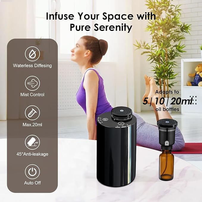 Waterless Essential Oil Diffuser - Cordless Portable Aromatherapy Scent Diffuser for Home, Car & Travel, USB Rechargeable with Timer & Mood Light, Perfect Bedroom, Office, Gift Idea