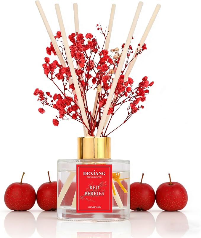 Reed Diffuser Set - 3.38 fl oz Red Berrie Premium Scented Oil with Preserved Baby's Breath & Cotton 6 Sticks | Long-Lasting Aromatherapy for Home, Bedroom, Bathroom, Office Home Decor