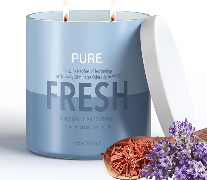 Candle-Lite Pure Lavender & Sandalwood Odor Eliminating Scented Candles, Neofresh Technology Eliminates 99.9% of Odors, 16 oz 2-Wick Jar, Proudly Poured in The USA, Up to 60 Hours Burn Time