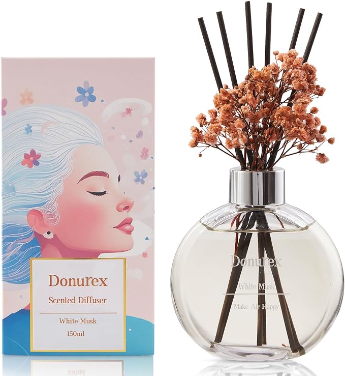 Flower Reed Diffuser Set 5.07oz White Musk Scent Diffuser with Sticks Home Fragrance Reed Diffuser for Bathroom Shelf Decor