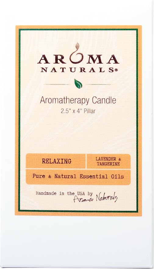 Aroma Naturals Lavender & Tangerine Essential Oil Scented Pillar Candle, Relaxing, 2.5 inch x 4 inch
