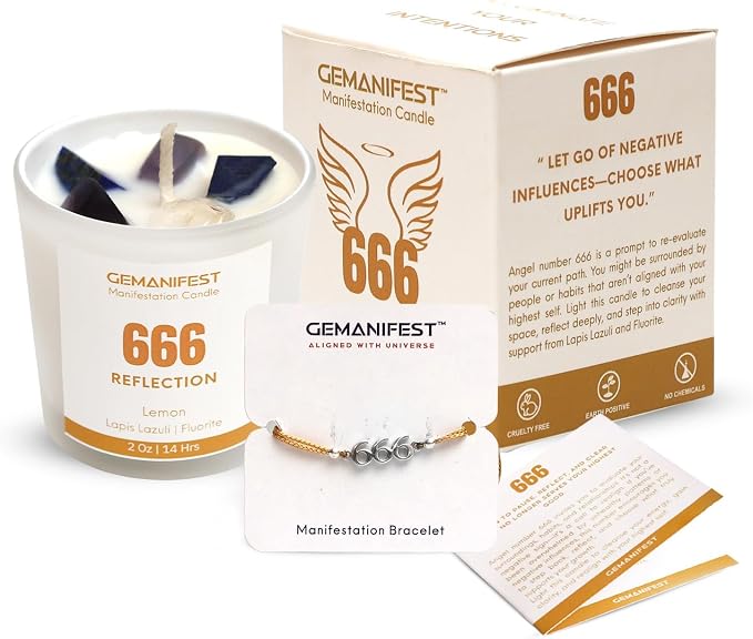 Angel Number 666 Manifestation Candle Crystal Infused Soy Wax with Lapis Lazuli and Fluorite Lemon Scented Spiritual Gift for Reflection and Energy Alignment