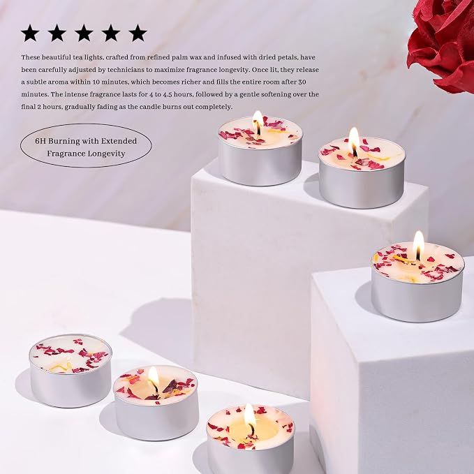 48 Pcs Rose Scented Tealight Candles, 6H Long Burning - Palm Wax Based, Non-Toxic/Smokeless, Bulk for Spa, Bath, Wedding