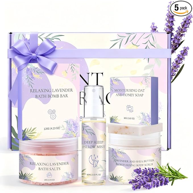 Roseye Lavender Spa Gift Set- 5pcs with Bath Salts, Shea Butter Scrub, Pillow Mist, Soap & Bath Bomb, Relaxing Birthday Christmas Gifts for Women, Mom, Sister, Girlfriend, Home Spa Care