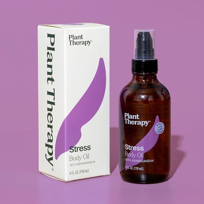 Plant Therapy Stress Body Oil with Ashwagandha 4 oz, Aromatherapy, Stress Relief, Relaxing Massage Oil