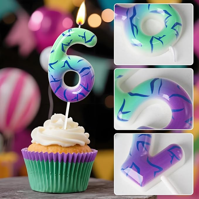 Number 6 Birthday Candle for Cake – Purple Green Gradient Number Candle with Mystic Rune Pattern, Decorative Cake Topper for Anniversary & Celebration