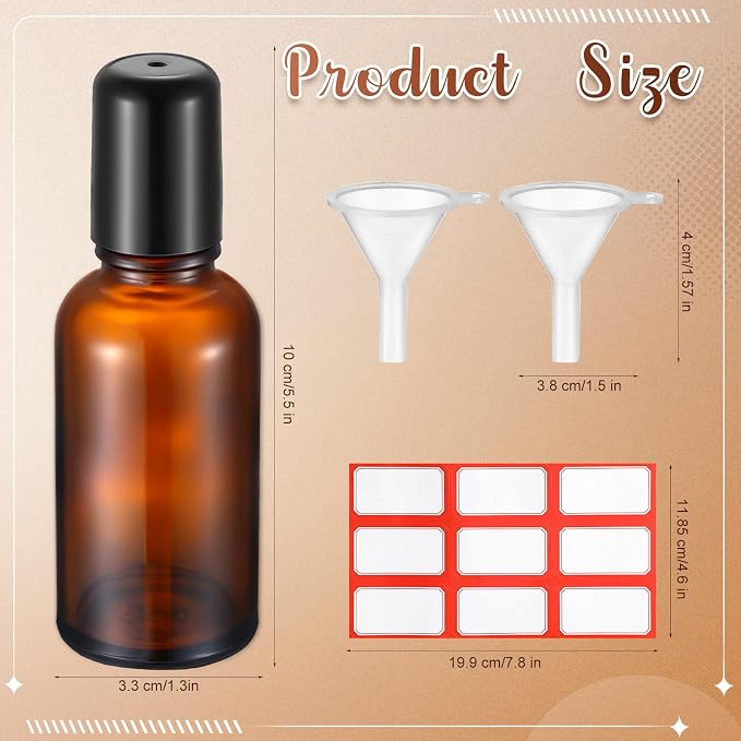 Sumind 12 Pcs 30ml Roller Glass Bottle Essential Oil with Stainless Steel Refillable Sample Container Brown Empty Roller Bottle Applicator with Funnel Sticker for Travel(Amber)