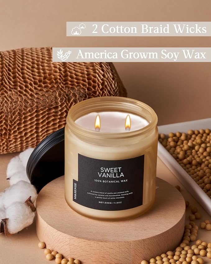 M&SENSE Vanilla Scented Candles for Home, 11.6oz Natural Soy Wax, 70-Hour Long Lasting Burning, Non Toxic Clean Burn, Warm Smelling for Stress Relief Spa, Housewarming Gift for Family Friends